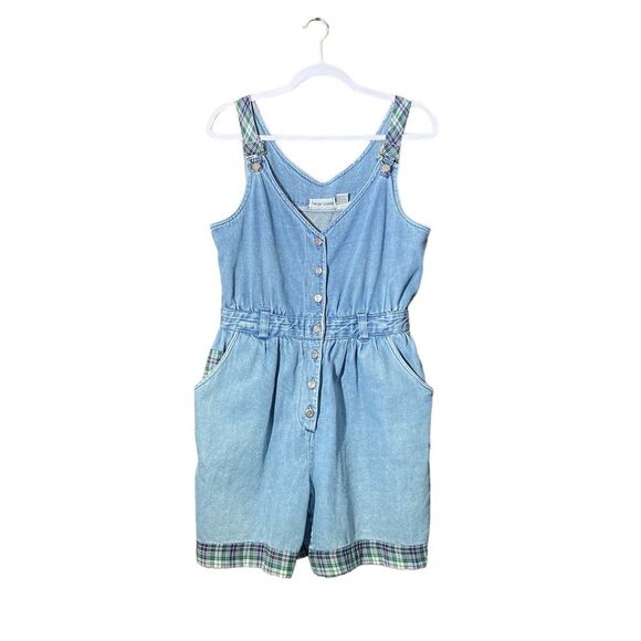 Lauren Brooke Vintage 1980's Denim & Plaid Overalls Romper Women's Size MED - Picture 3 of 16